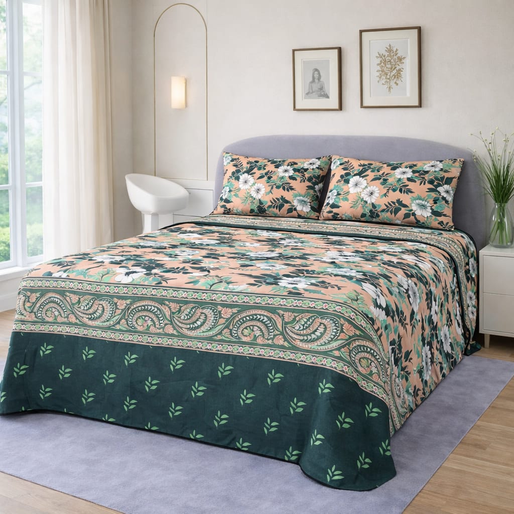 Green & Peach Floral Printed Bedsheet – King Size Bedding