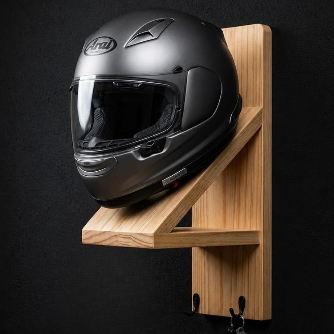 Wall Mounted Helmet Stand with Key Hooks & Utility Shelf