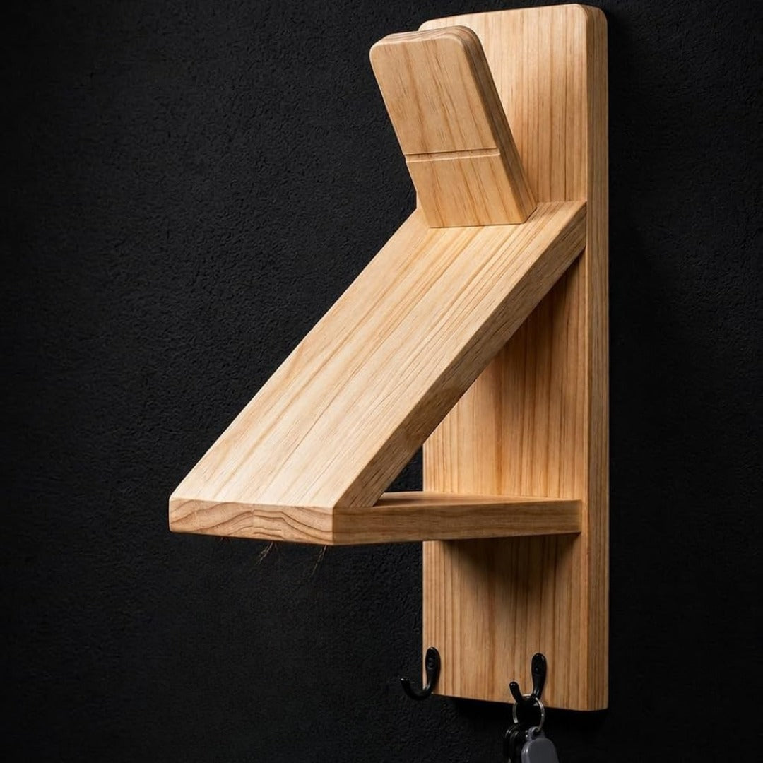 Wall Mounted Helmet Stand with Key Hooks & Utility Shelf