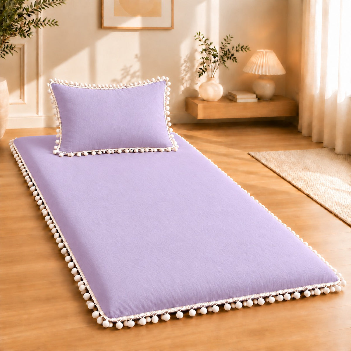 Luxury Lavender Pom Pom Lace Floor Mattress with Pillow Set