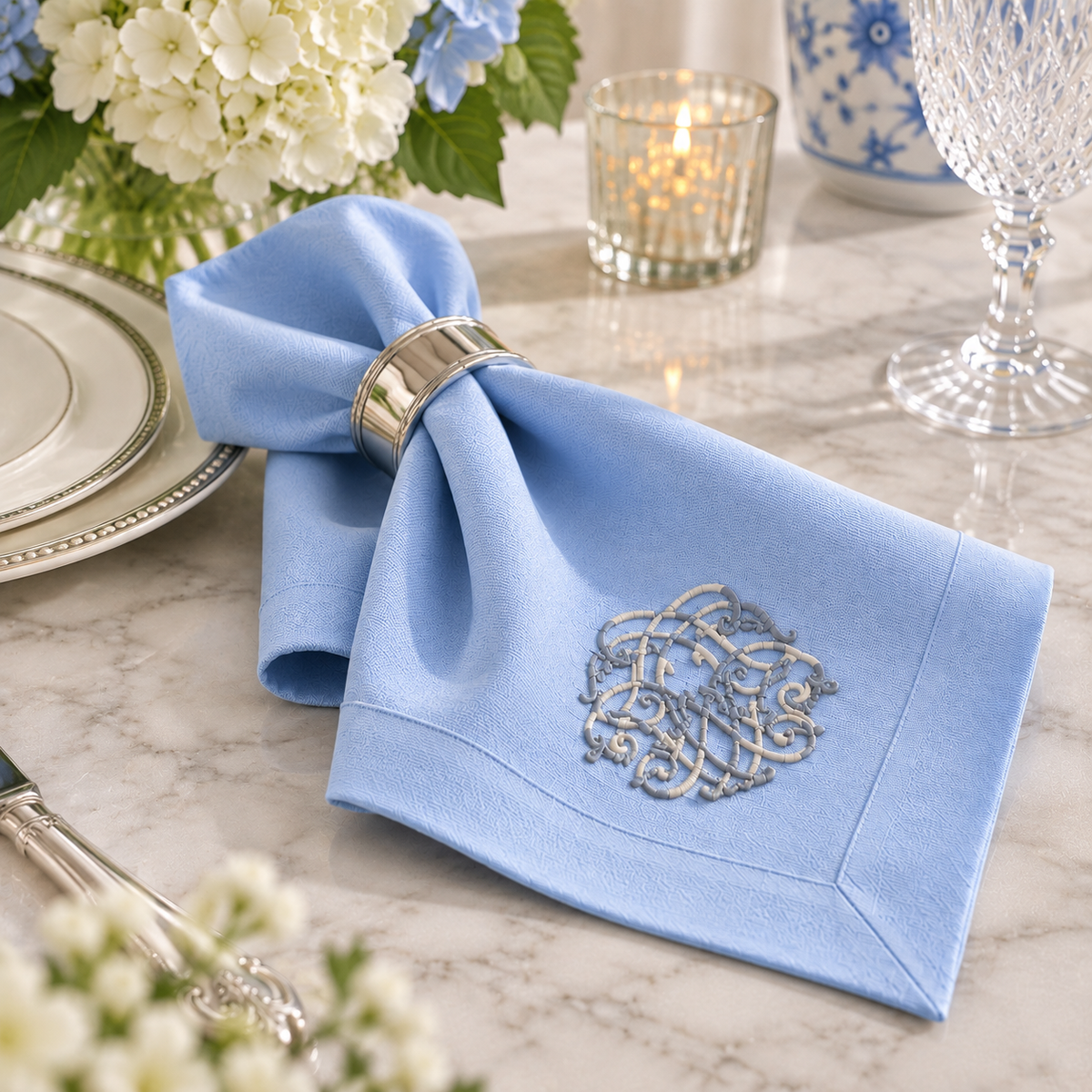 Premium Embroidered Blue Linen Style Napkin