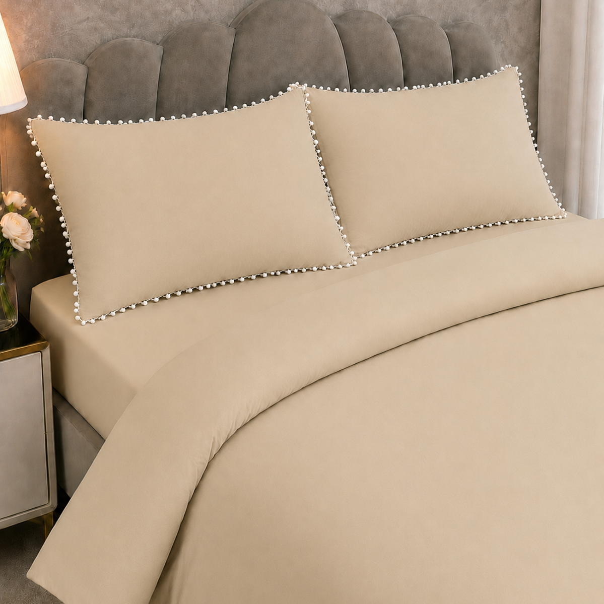 Beige Duvet Cover Set with White Pom Pom Lace Pillowcases