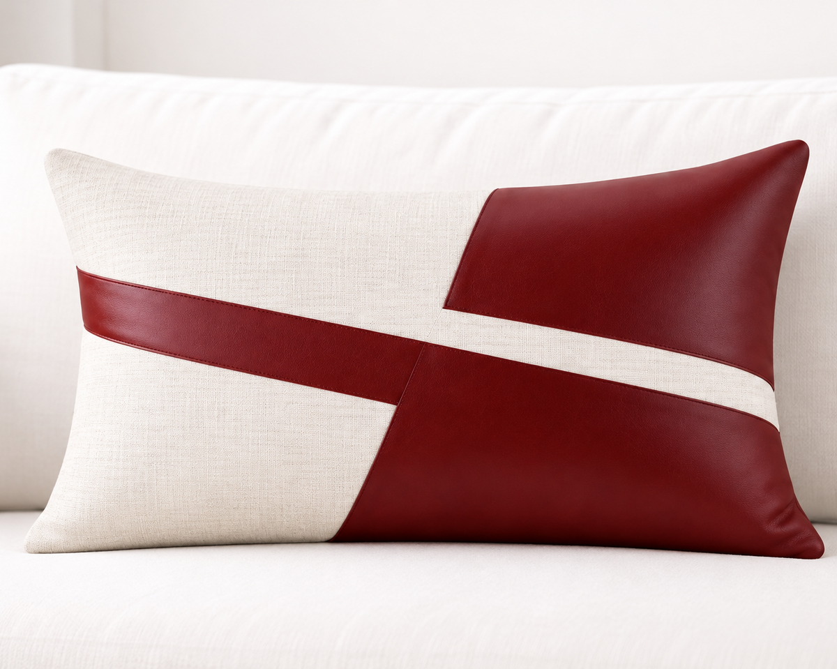 Geometric Luxe Leather Cushion cover – Burgundy & Cream