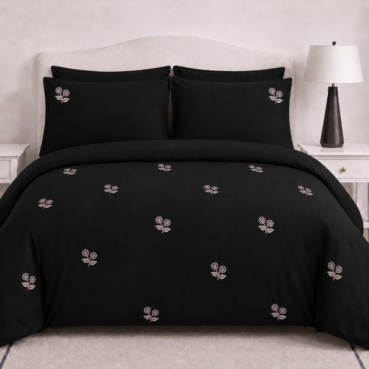 Black Pink Floral Embroidered Duvet Cover Set