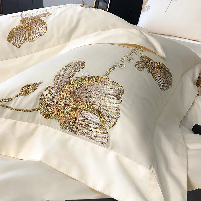 Cotton Satin Flower Embroidery Duvet Set