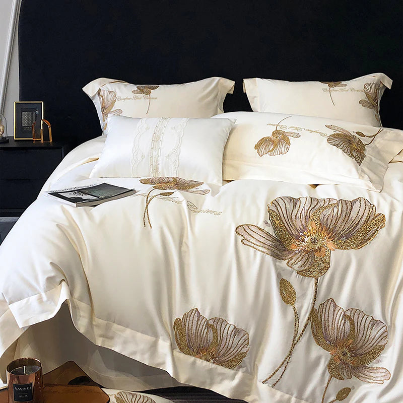 Cotton Satin Flower Embroidery Duvet Set