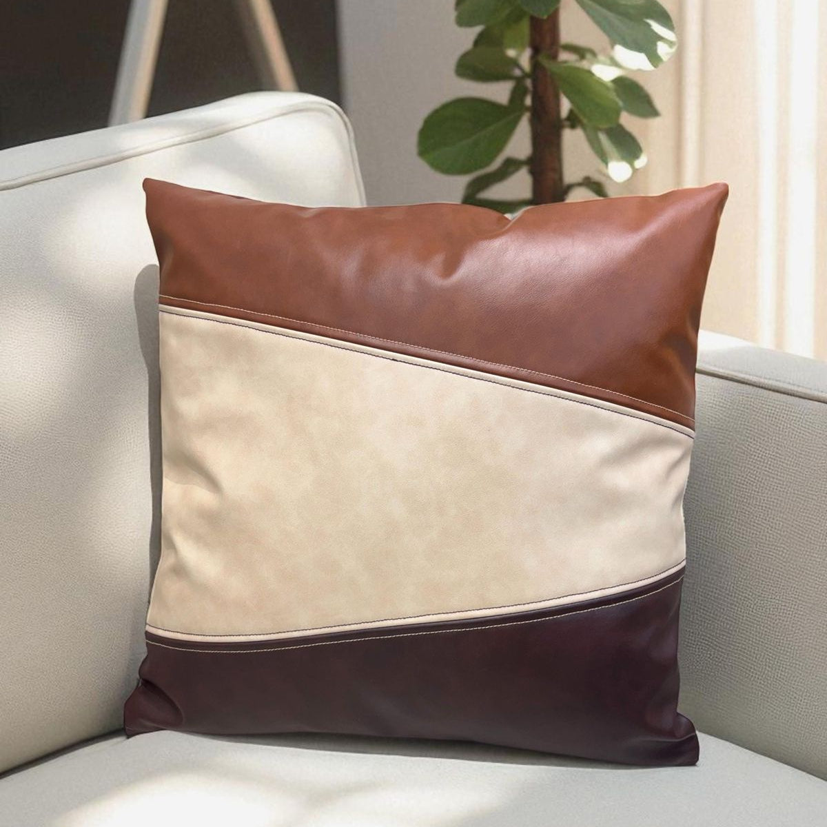 Trio Panel Faux Leather Rectangular Cushion Cover – Brown & Cream