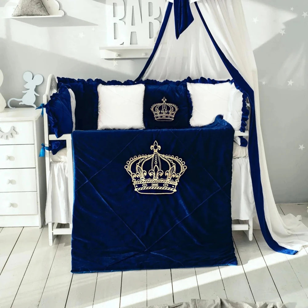 Baby Cot Set( Prince Crown White with Blue) - myhomestore.com.pk