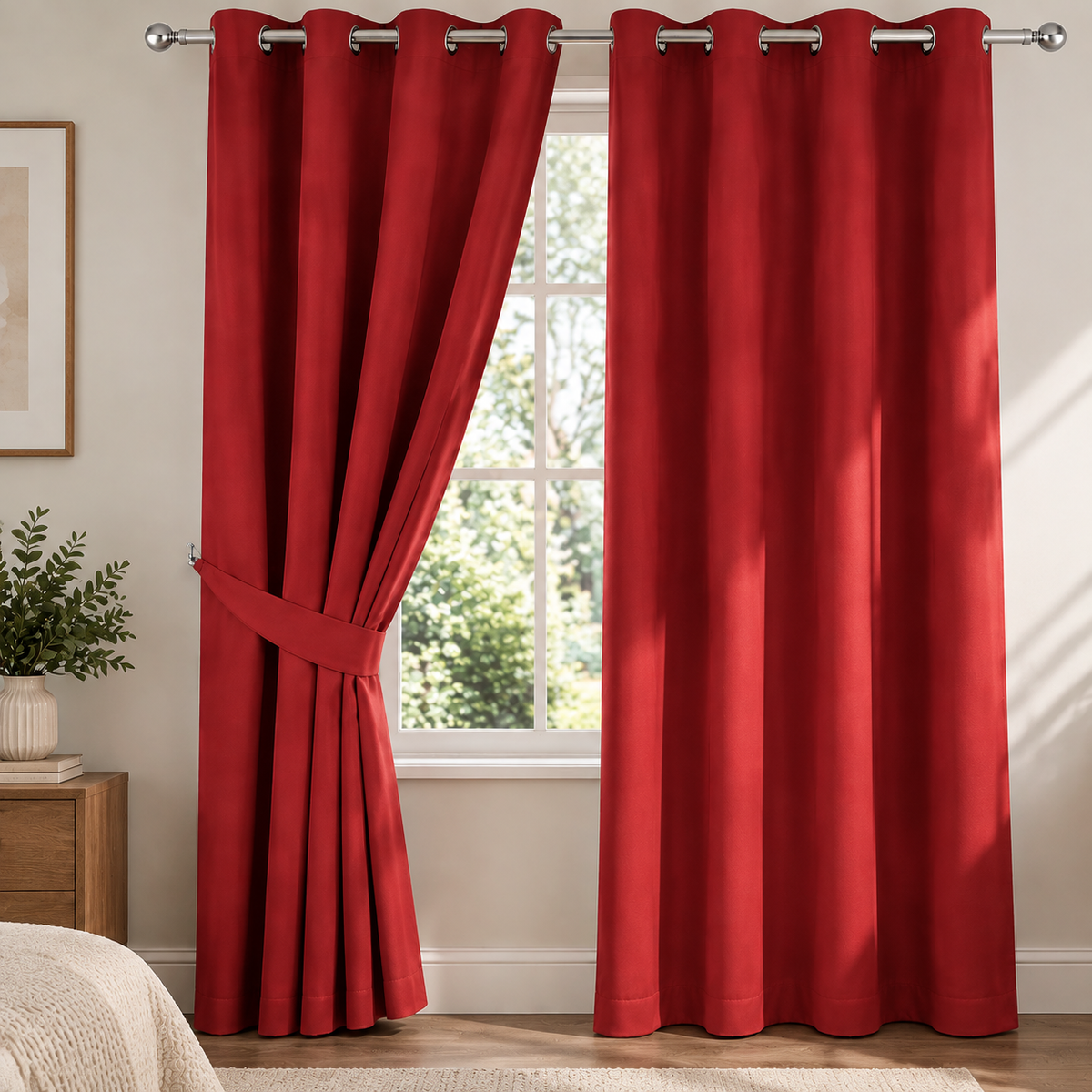 Plain Dyed Eyelet Curtain with Lining (Red) – Pack of 2