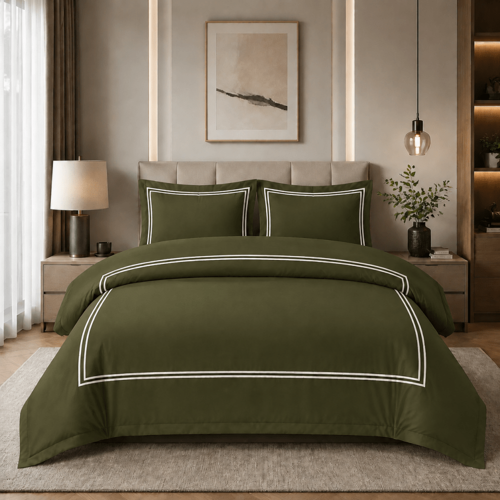 Baratta Comforter Set (Light Olive with Dark green Bratta Stitch) - myhomestore.com.pk