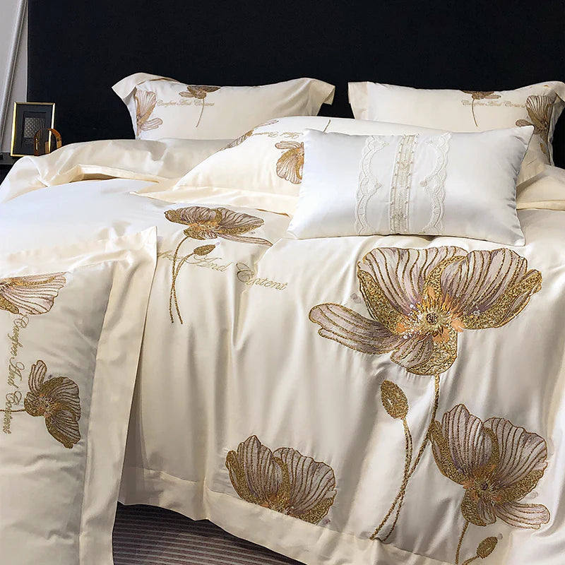 Cotton Satin Flower Embroidery Duvet Set