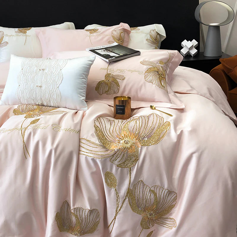 Cotton Satin Flower Embroidery Duvet Set