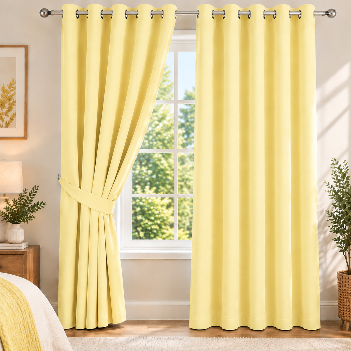 Plain Dyed Eyelet Curtain with Lining (yellow) – Pack of 2
