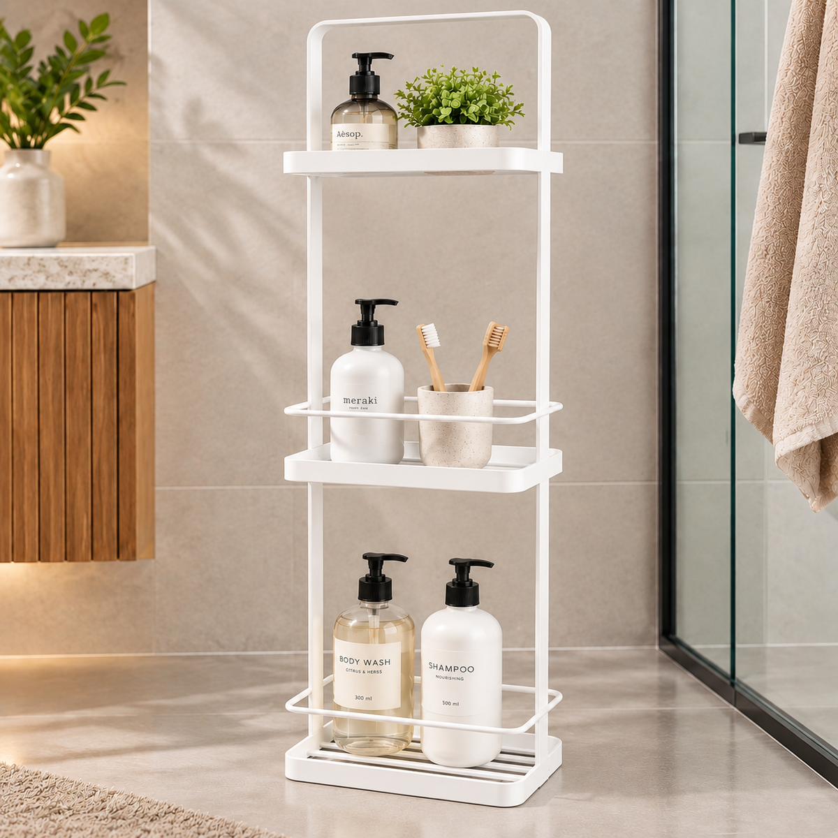 3 Tier Freestanding Bathroom Storage Rack – White & Black