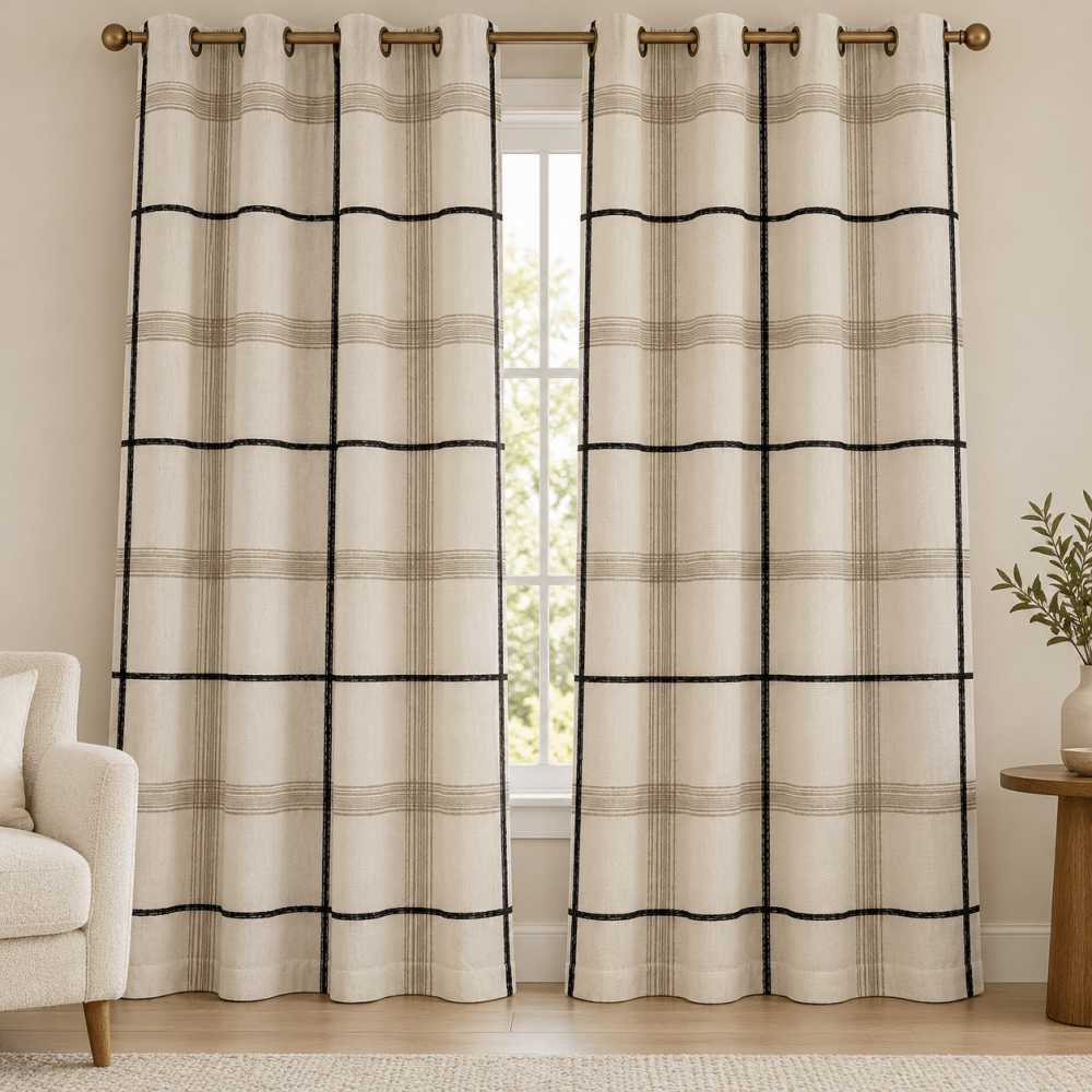 Beige & Black Check Duck Fabric Printed Curtains – Pack of 2 - myhomestore.com.pk