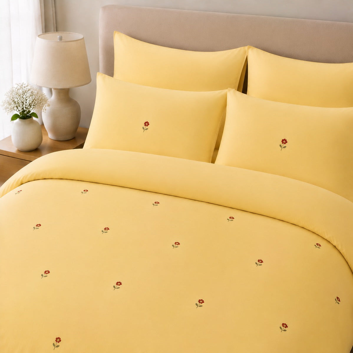 Sunshine Yellow Floral Embroidered Bedding Set