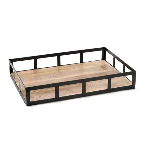 Black and Brown Rectangle Iron and Wood Tray - myhomestore.com.pk