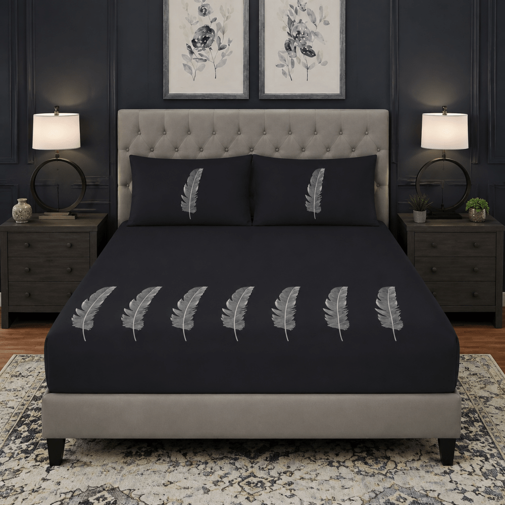 Black Feather Embroidered 3-Piece Bedsheet Set - myhomestore.com.pk
