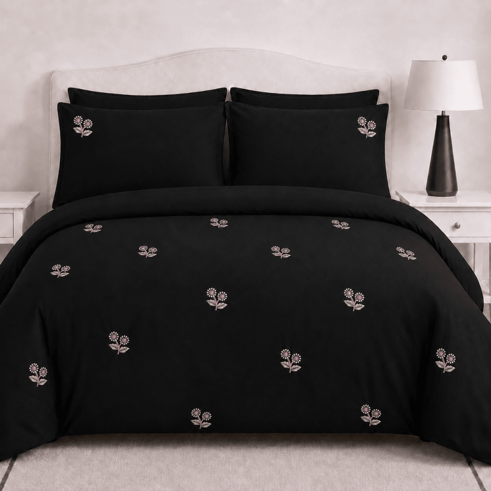 Black Pink Floral Embroidered Duvet Cover Set - myhomestore.com.pk