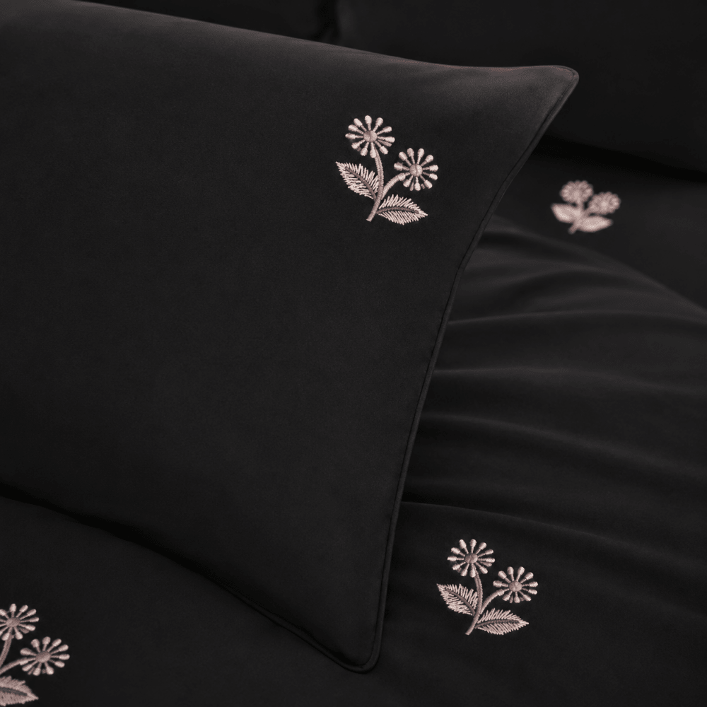 Black Pink Floral Embroidered Duvet Cover Set - myhomestore.com.pk