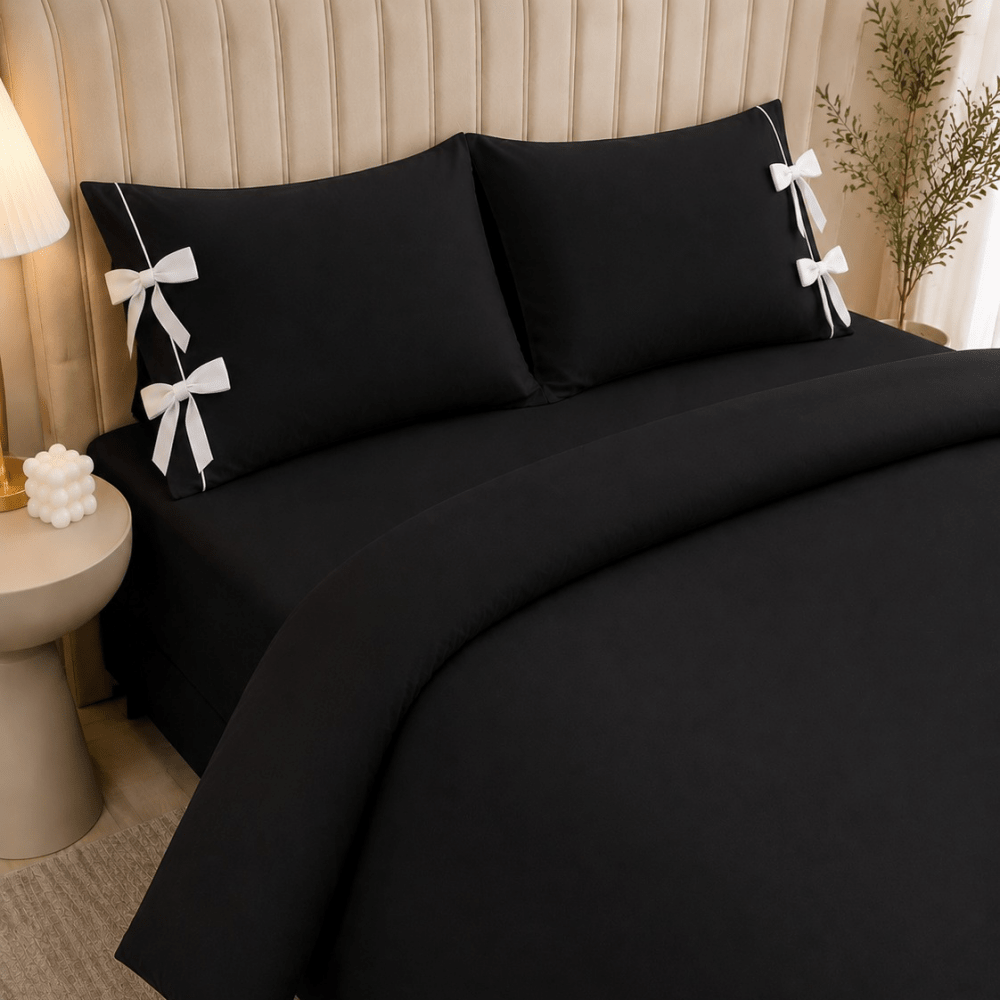 Black Plain Bow Duvet Cover Set with 2 Pillow Covers - myhomestore.com.pk