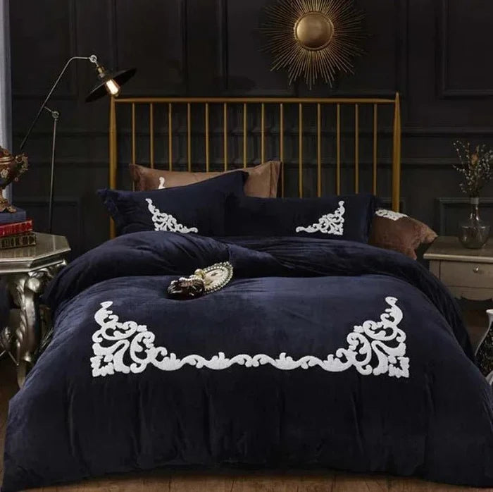 Luxury Ruffle Embroidery Velvet Duvet Cover Set