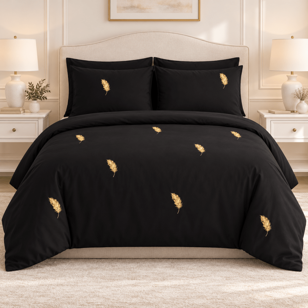 Black With Gold Feather Embroidered Bedding - myhomestore.com.pk