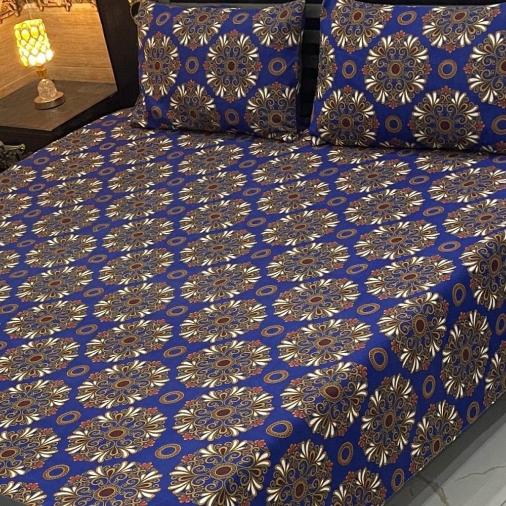 Blue Base Multi-Flower Printed Bedsheet