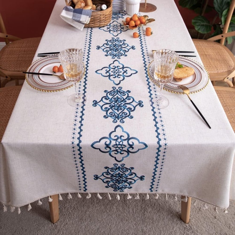 Blue Embroidered Cotton Table Cover - myhomestore.com.pk