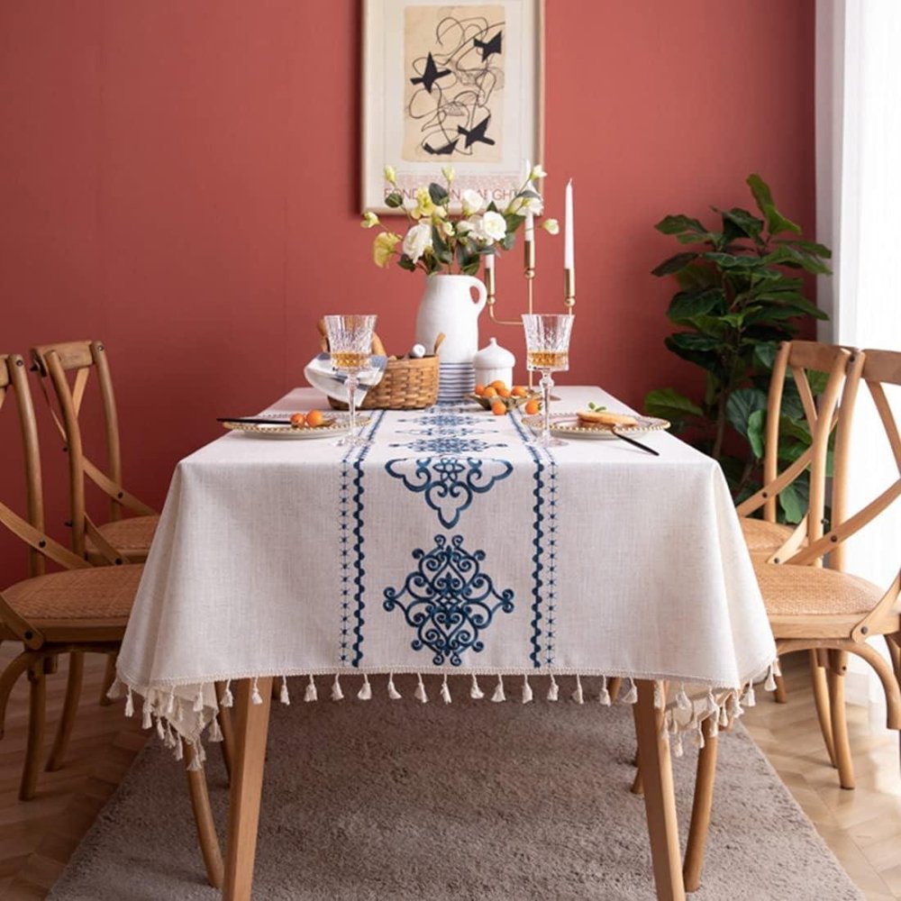 Blue Embroidered Cotton Table Cover - myhomestore.com.pk