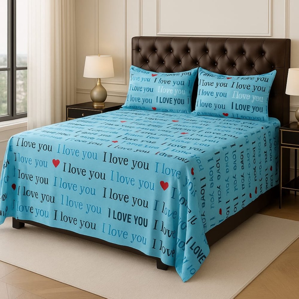 Blue Romantic Script Printed Bedsheet - myhomestore.com.pk