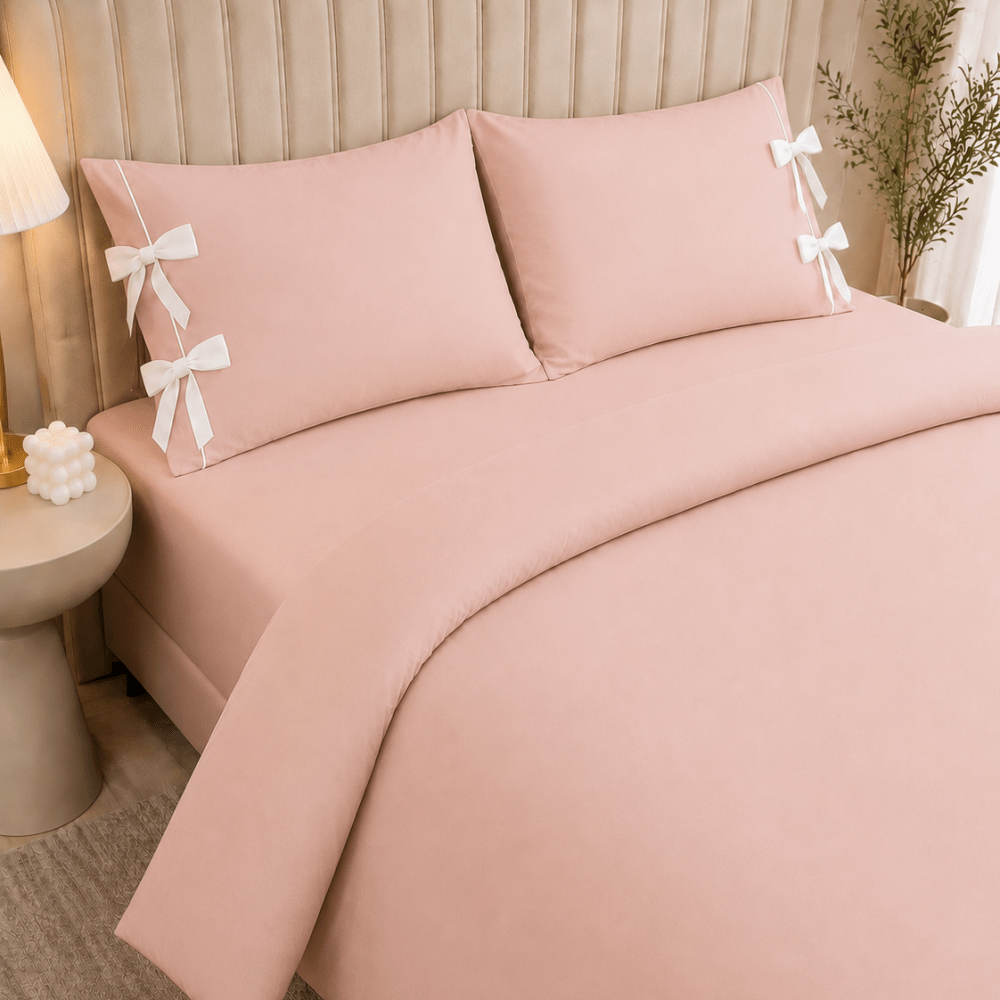 Blush Pink Plain Bow Duvet Cover Set with 2 Pillow Covers - myhomestore.com.pk