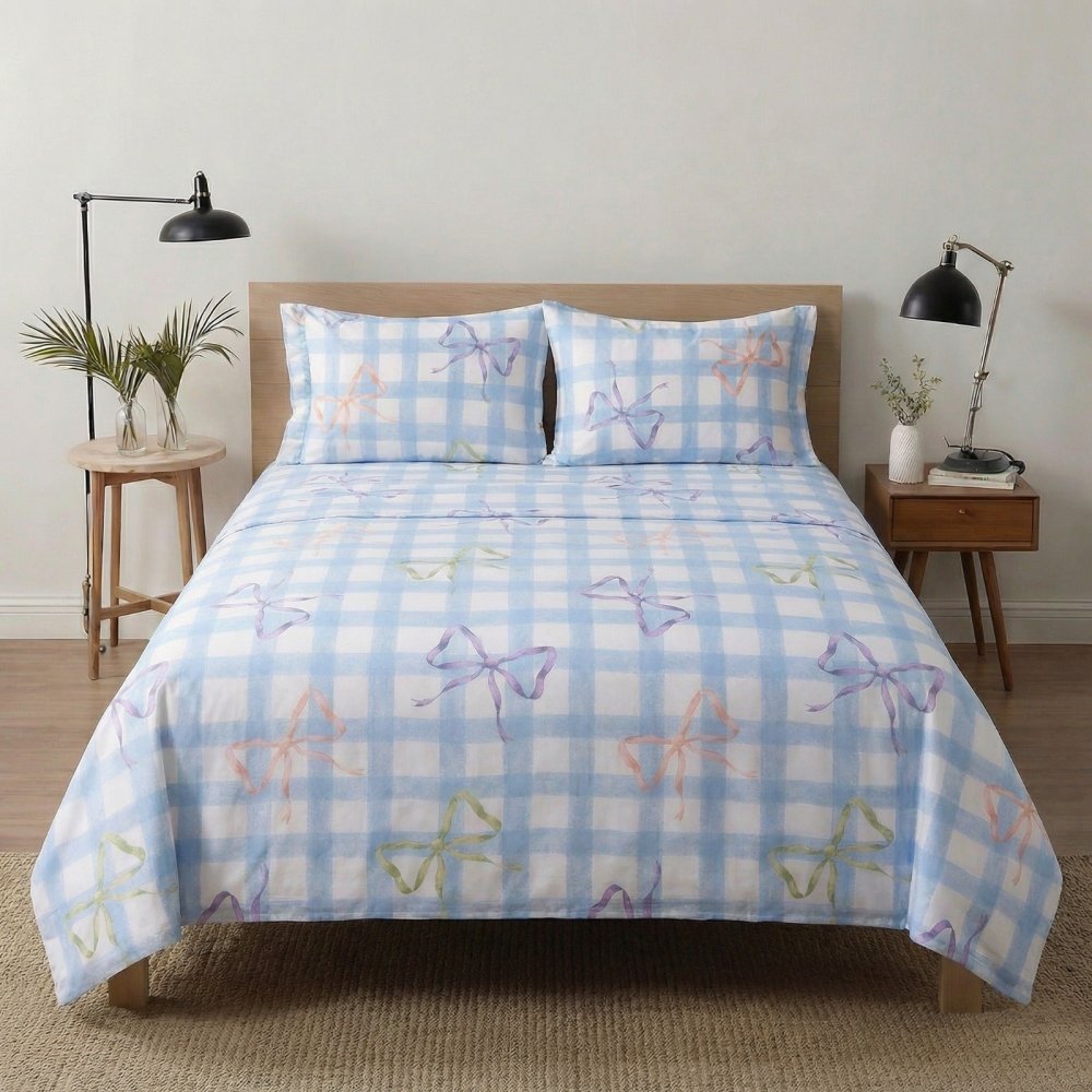 Bow Gingham Print Bedsheet – King Size - myhomestore.com.pk