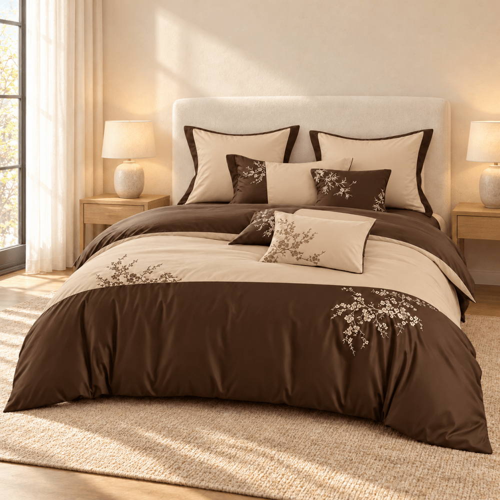 Brown & Beige Floral Embroidered Cotton Satin Duvet Cover Set - myhomestore.com.pk