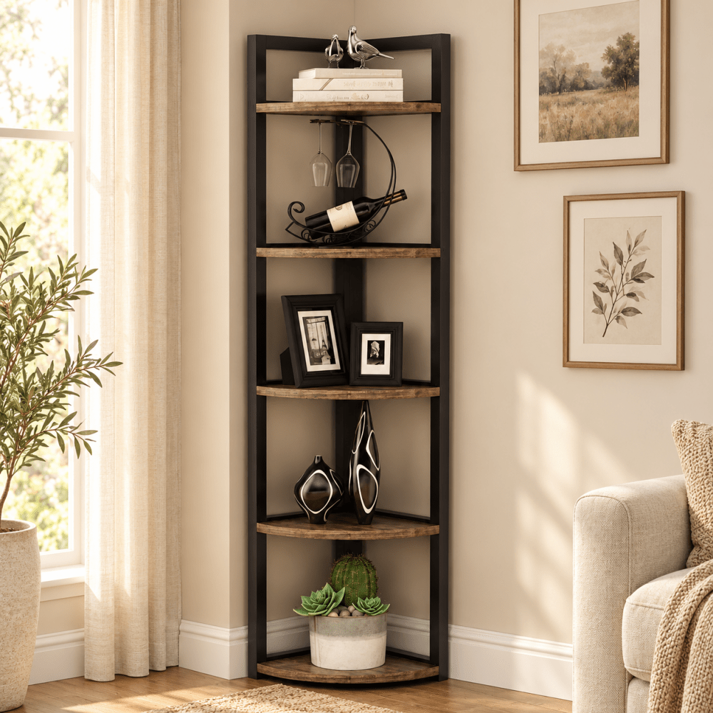 Brown MDF sheet and Metal Frame Corner Shelf - myhomestore.com.pk