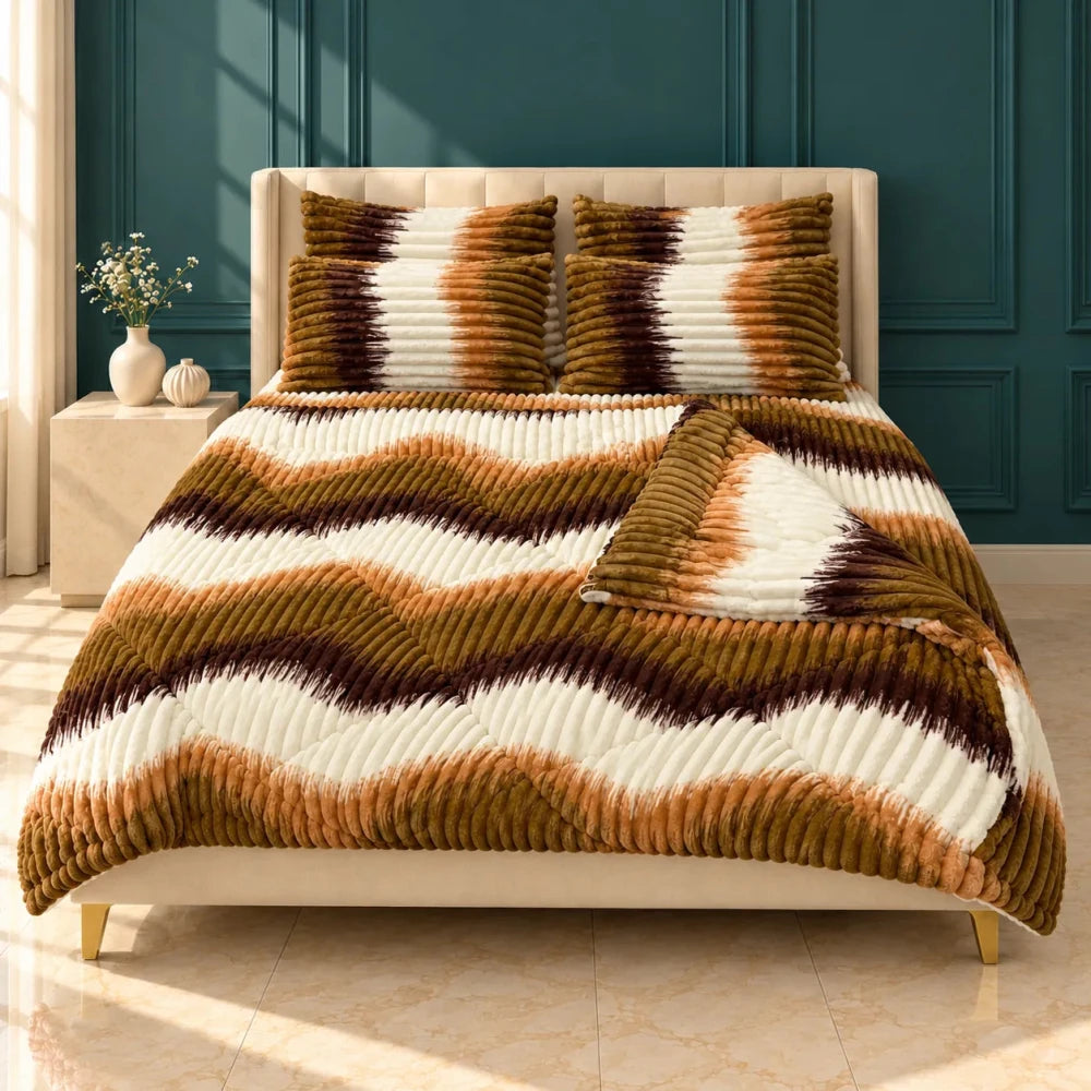 Brown & Olive Ikat Stripe Bubble Fleece Comforter Set – 6 Pcs King Size - myhomestore.com.pk