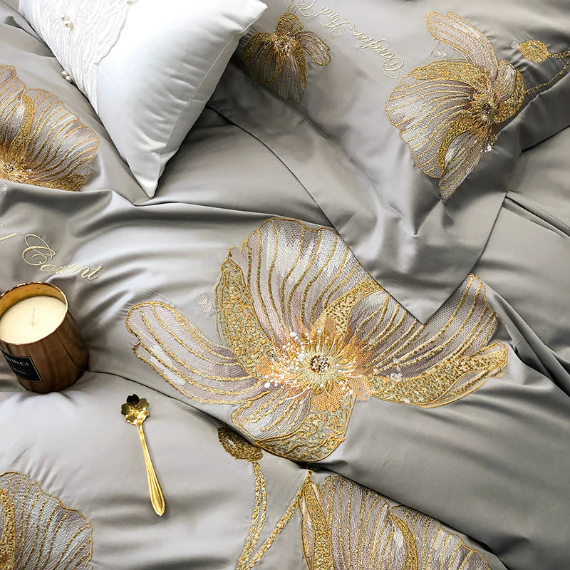 Cotton Satin Flower Embroidery Duvet Set