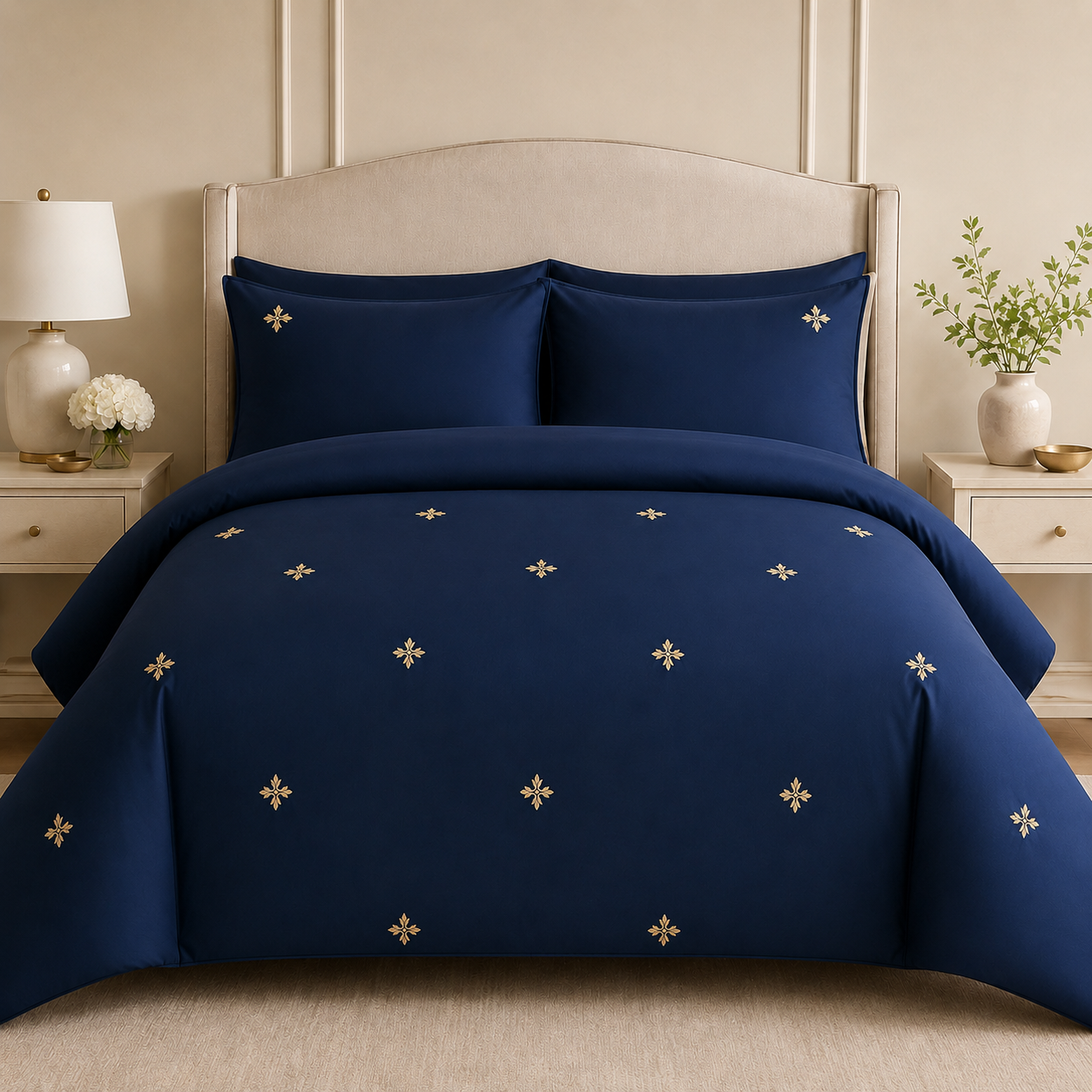 Navy Blue Gold Floral Embroidered Duvet Cover Set