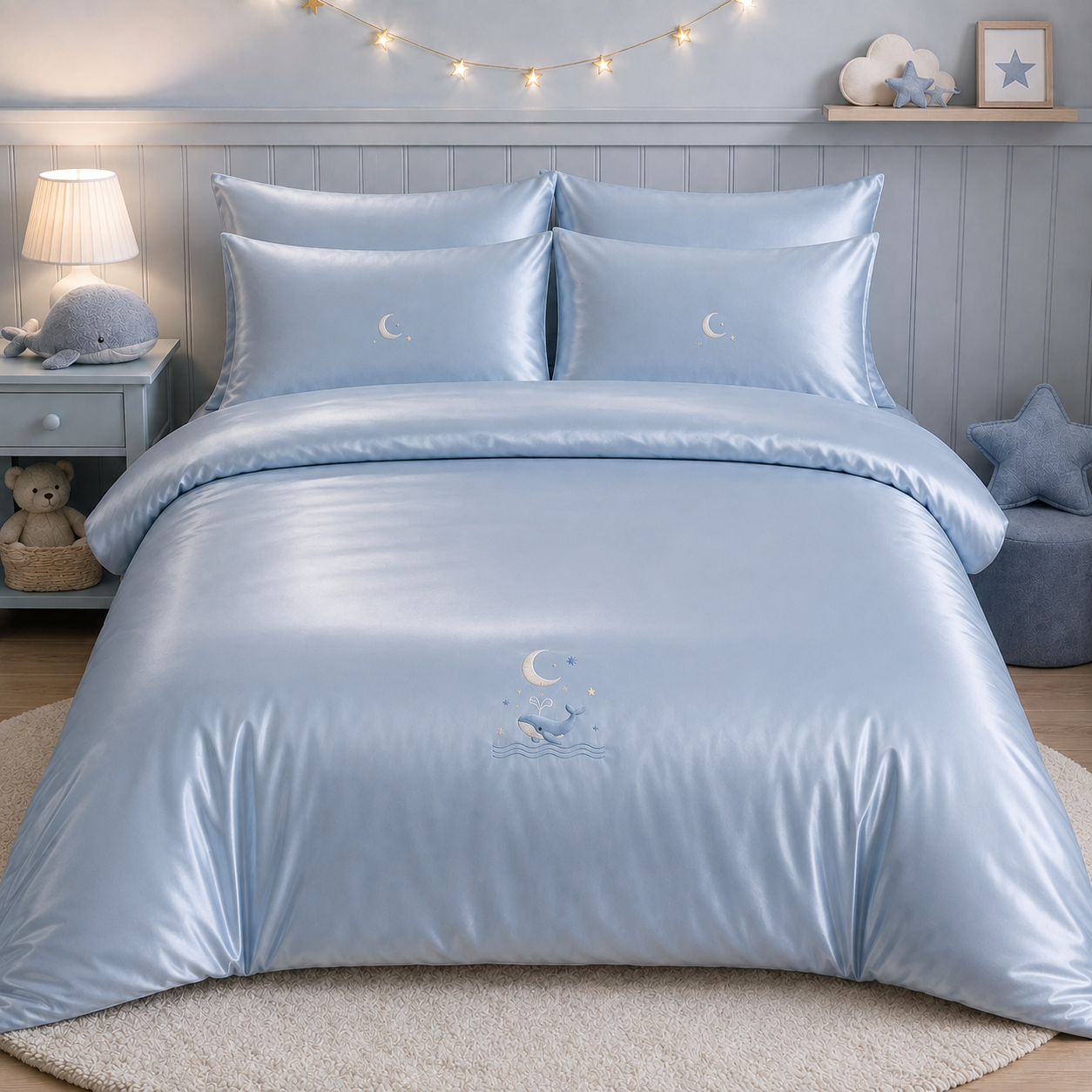 Sky Blue Satin Moon & Whale Embroidered Bedding Set