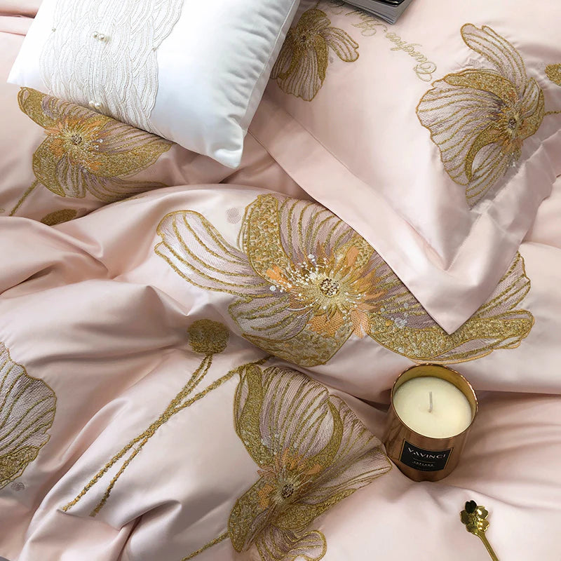 Cotton Satin Flower Embroidery Duvet Set