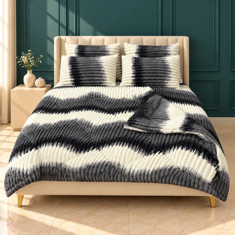 Charcoal Grey Ikat Stripe Bubble Fleece Comforter Set – 6 Pcs King Size - myhomestore.com.pk
