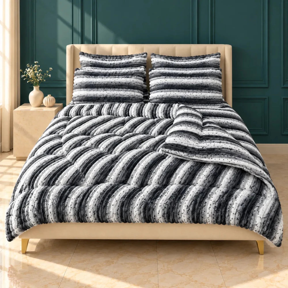 Charcoal & White Speckled Stripe Bubble Fleece Comforter Set – 6 Pcs King Size - myhomestore.com.pk