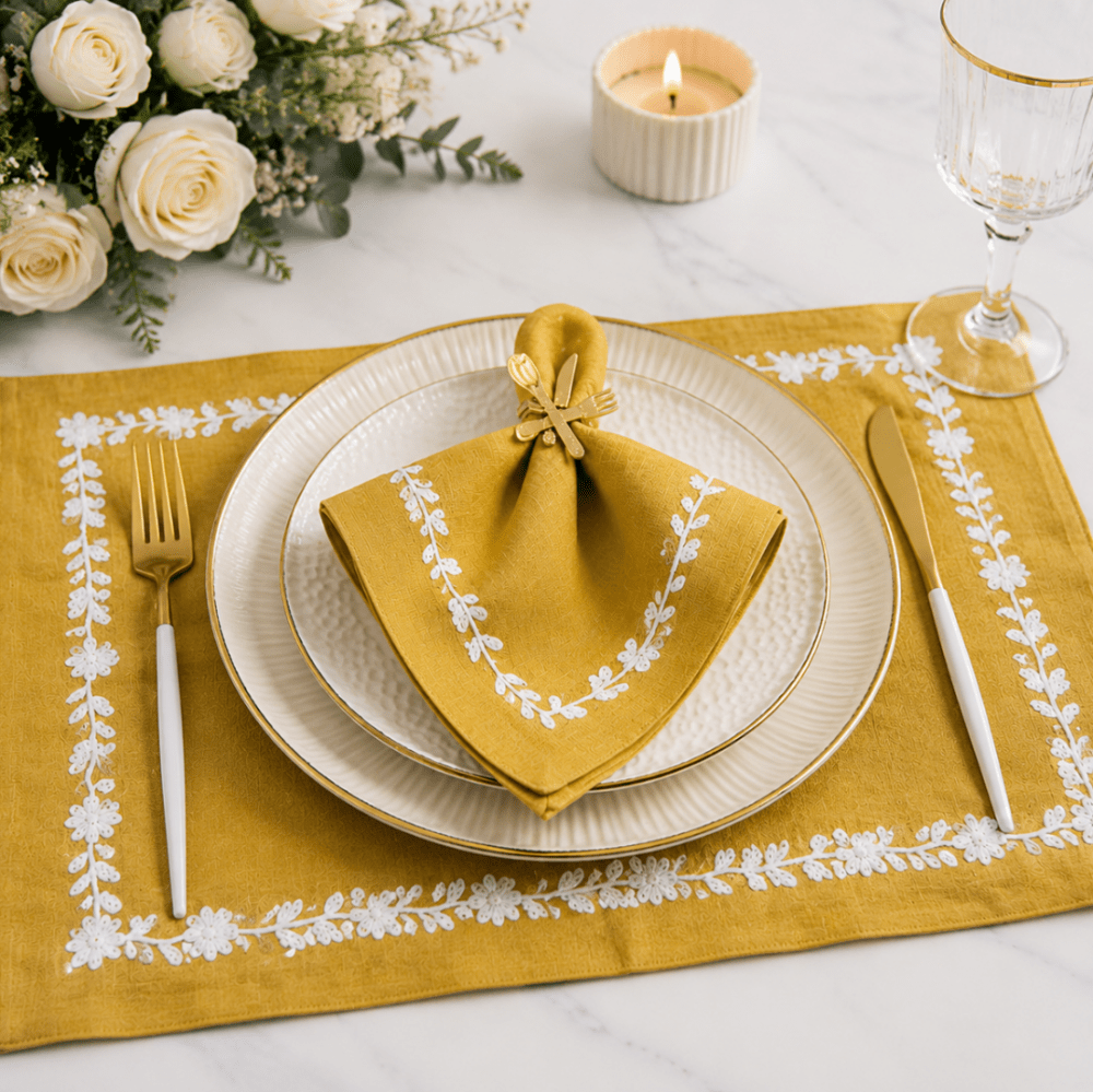Chic Mustard Yellow Embroidered Table Mat Set for Dining - myhomestore.com.pk