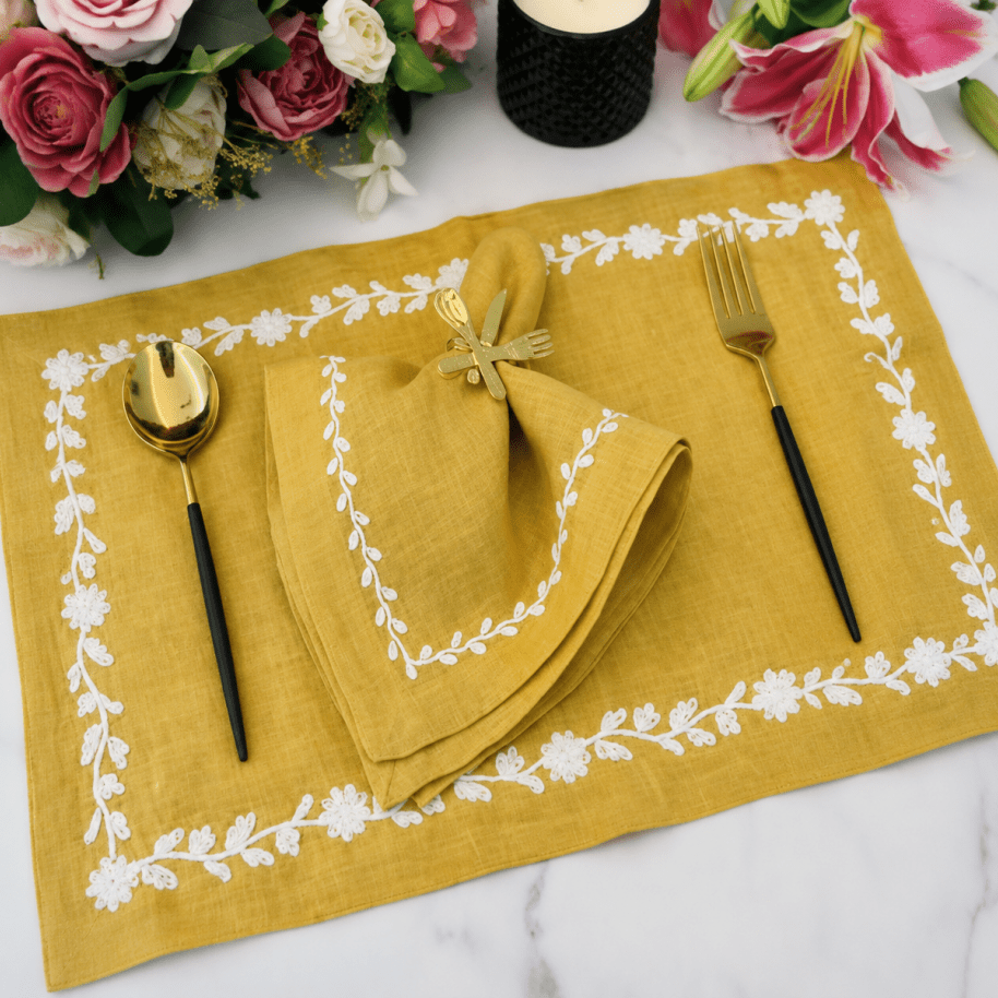 Chic Mustard Yellow Embroidered Table Mat Set for Dining - myhomestore.com.pk