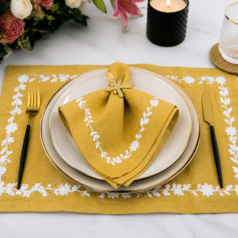 Chic Mustard Yellow Embroidered Table Mat Set for Dining - myhomestore.com.pk