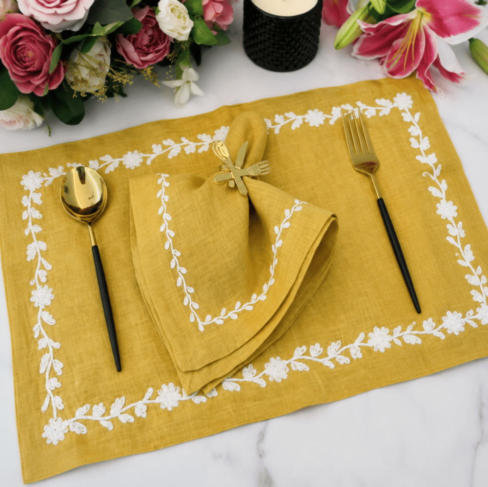 Chic Mustard Yellow Embroidered Table Mat Set for Dining - myhomestore.com.pk