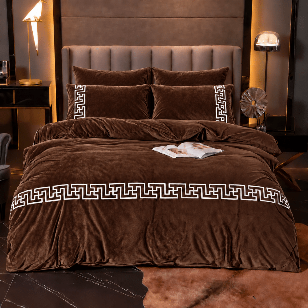 chocolate brown Greek Border Velvet Duvet Set - myhomestore.com.pk