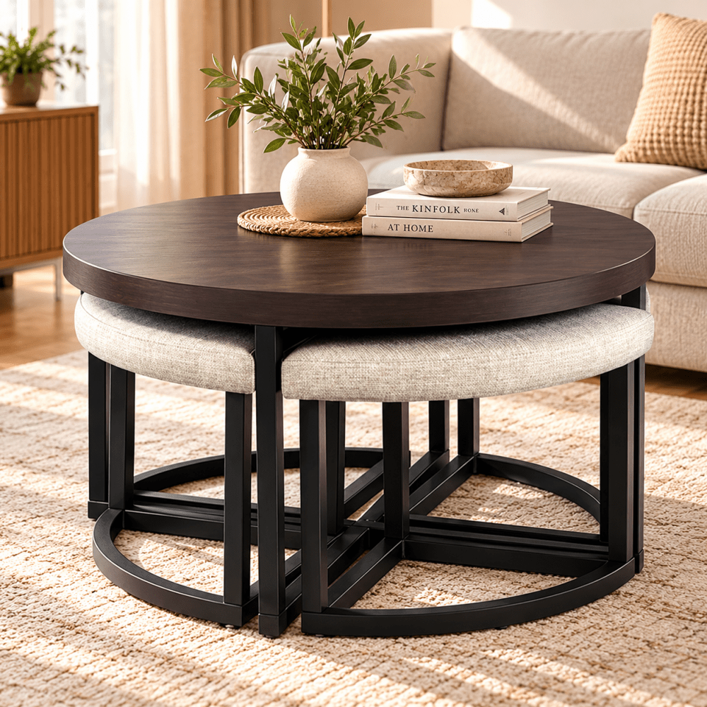 Coffee Table w/Stools, Upholstered Seating, for Living Room/Kids Room - myhomestore.com.pk