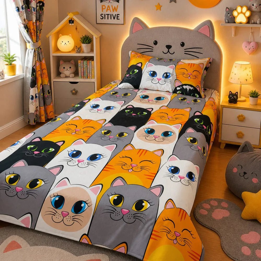 Colorful Cat Face Kids Bedsheet - myhomestore.com.pk