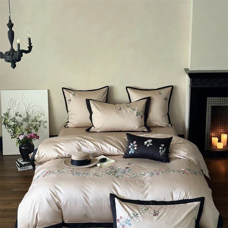 Cotton Butterfly Flowers Embroidery Duvet Set with Duvet Cover, Sheet, Pillowcases - myhomestore.com.pk